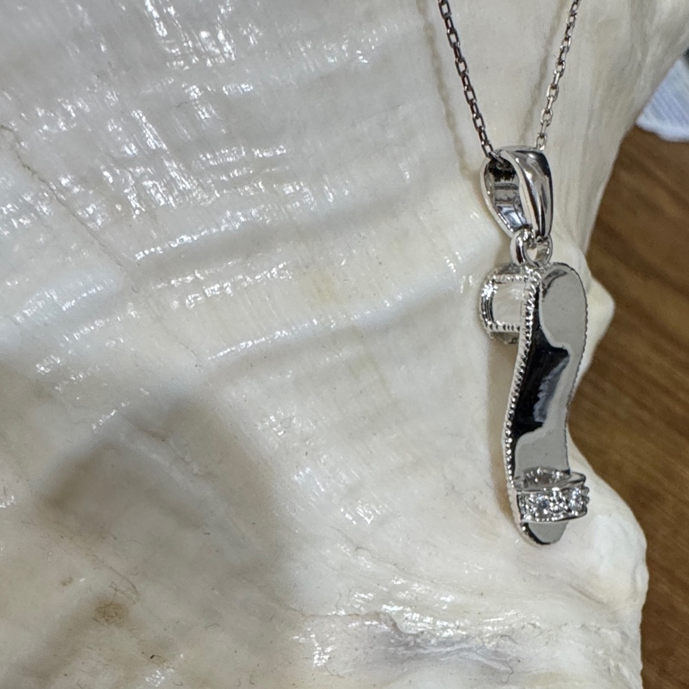 925 Sterling Silver High Heel Pendant Necklace CZ Italy Chain 18" Fashion Shoe